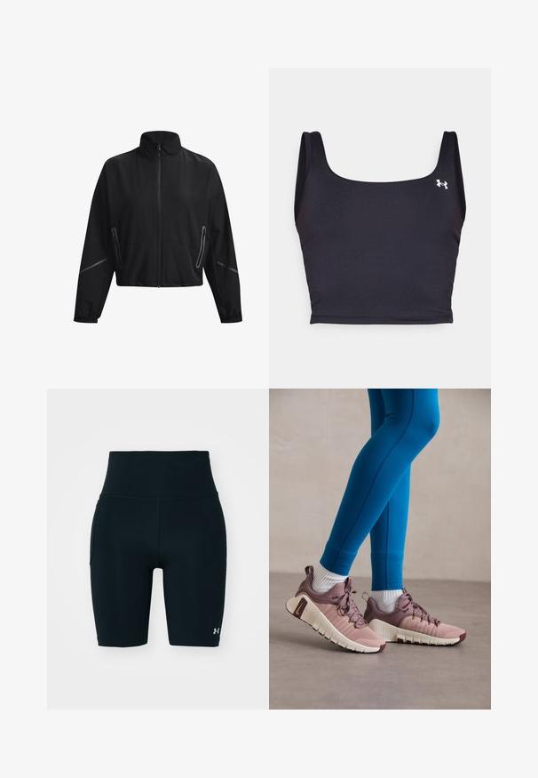 Sort cropped jakke med høj krave, frontlynlås, elastiske manchetter og sidelommer med lynlås. Har subtile reflekterende detaljer.; Sort sports crop top lavet af glat materiale, med firkantet halsudskæring og brede stropper. Inkluderer et lille hvidt logo på siden.; Sorte atletiske shorts lavet af strækbart stof, med høj talje og sidelomme. Glat tekstur med flade sømme og logoaccent.; Diverse sko i lyserød og beige med teksturerede sidelapper, brune detaljer og fleksible såler. Bæres sammen med blå leggings og hvide sokker.