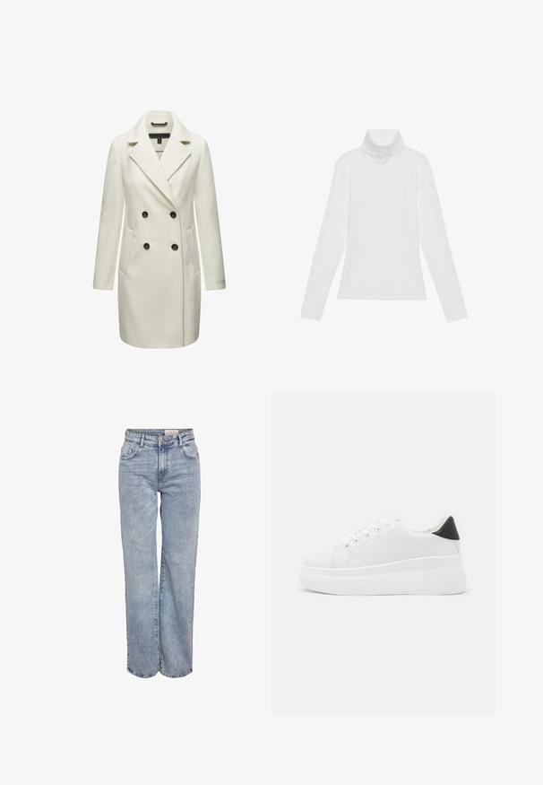 Cappotto bianco doppiopetto in un tessuto texture, con grandi bottoni neri, revers a punta e tasche laterali, con l'accento "Nava" sulla manica.; Maglia a maniche lunghe bianca a collo alto realizzata in tessuto morbido ed elastico. Presenta un colletto alto e un design aderente, senza motivi o decorazioni visibili.; Jeans a gamba larga di colore azzurro chiaro realizzati in denim, con vita alta, design a cinque tasche e leggera scoloritura per un aspetto vissuto.; Sneakers platform bianchi realizzati in materiale sintetico liscio, con punta arrotondata, design con lacci e suola in gomma texture. Accento nero nel tallone.