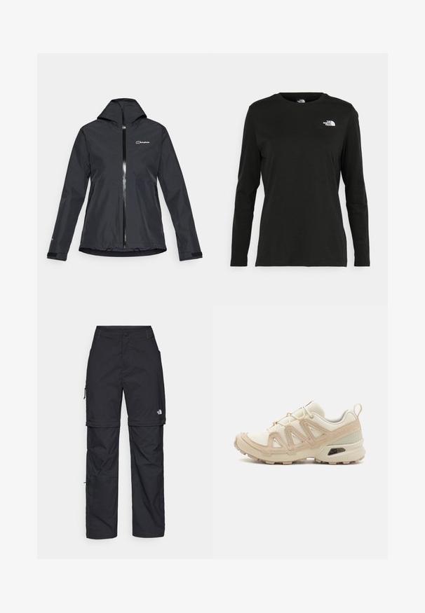 Giacca impermeabile nera con zip frontale, cappuccio attaccato e polsini regolabili. Presenta un logo sulla parte superiore sinistra e due tasche laterali.; T-shirt nera a maniche lunghe in cotone con colletto rotondo. Presenta un piccolo logo bianco sul lato sinistro del petto. Design semplice e vestibilità comoda.; Pantaloni cargo in nylon nero con zip rimovibile, polsini regolabili, molteplici tasche e un logo sulla gamba destra. Tessuto liscio e leggero.; Scarpa atletica beige e crema con tomaia in mesh testurizzato, sovrapposizioni supportive e suola in gomma con un motivo a tasselli per la trazione.