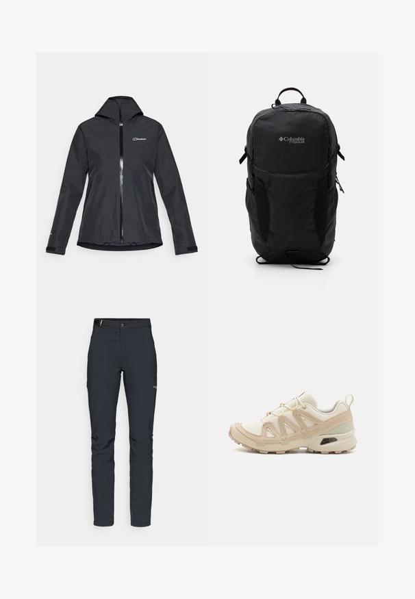 Veste imperméable noire avec zip à l'avant, capuche fixée et poignets ajustables. Présente un logo sur le côté supérieur gauche et deux poches latérales.; T-shirt noir Columbia avec un dessin linéaire blanc de montagne et de rivière en cercle et le texte "Columbia Sportswear Company À l'extérieur depuis 1938."; Pantalons de plein air pour hommes, gris foncé, fabriqués en matériau flexible, dotés d'une ceinture, de poches zippées et de coutures renforcées.; Baskets de sport beiges et crème avec une tige en mesh texturé, des superpositions de soutien et une semelle en caoutchouc dotée d'un motif de crampons pour une traction.; Sac à dos Columbia Titanium noir avec une texture de tissu lisse, poches latérales, poignée supérieure et bretelles réglables. Design minimaliste avec un petit logo.
