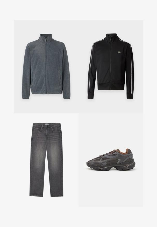 Grijze fleecejack met een hoge kraag, volledige ritssluiting aan de voorkant en zijzakken. Gladde textuur met een casual ontwerp en minimale details.; Zwarte zip-up sportjas van gladde stof, met witte zijstrepen en een klein groen logo op de borst. Hoge kraagontwerp.; Zwarte korte mouwen t-shirt met een geometrisch patroon en een groene krokodillenlogo, met een effen zwarte ronde hals.; Donkergrijze denim jeans met een rechte snit, voorzien van vijf zakken, een knoopsluiting aan de voorkant en subtiele vervaging over de stof.; Lacoste sneakers in donkergrijs van mesh en synthetisch materiaal, met een gestructureerde zool en bruine accenten op de kraag en branding.