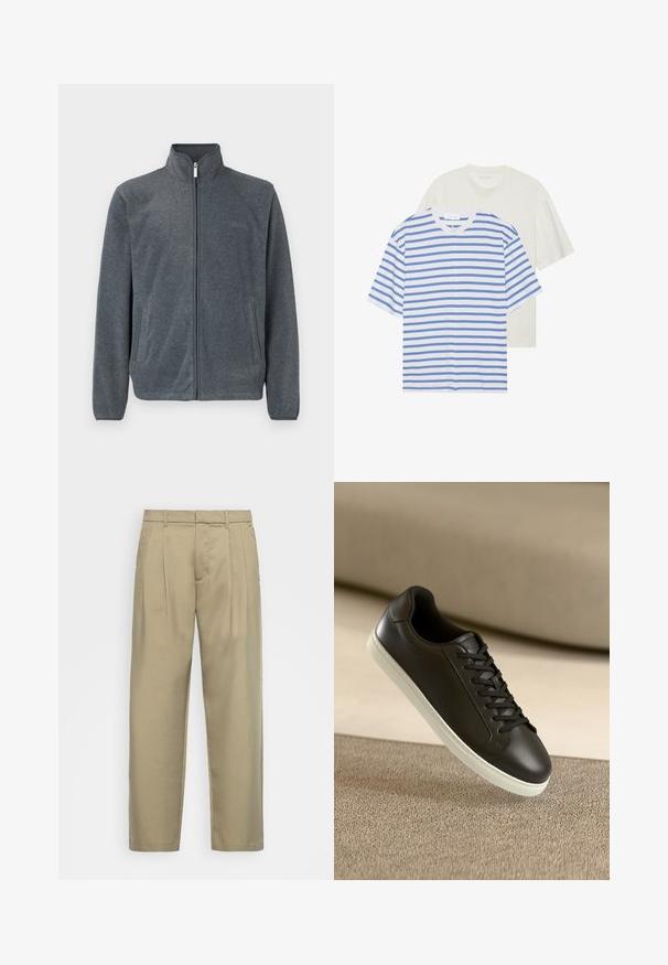 Giacca di pile grigia con colletto alto, zip frontale completa e tasche laterali. Texture morbida con design casual e dettagli minimi.; Due magliette a maniche corte: una bianca con righe blu e una di un crema chiaro solido. Materiale in cotone morbido, design a girocollo, vestibilità rilassata.; Pantaloni beige a vita alta con taglio dritto, dotati di una parte frontale liscia, tasche laterali e un tessuto morbido e testurizzato.; Sneaker in pelle nera con suola in gomma bianca e lacci neri, posizionato su una superficie e sfondo in tessuto beige.