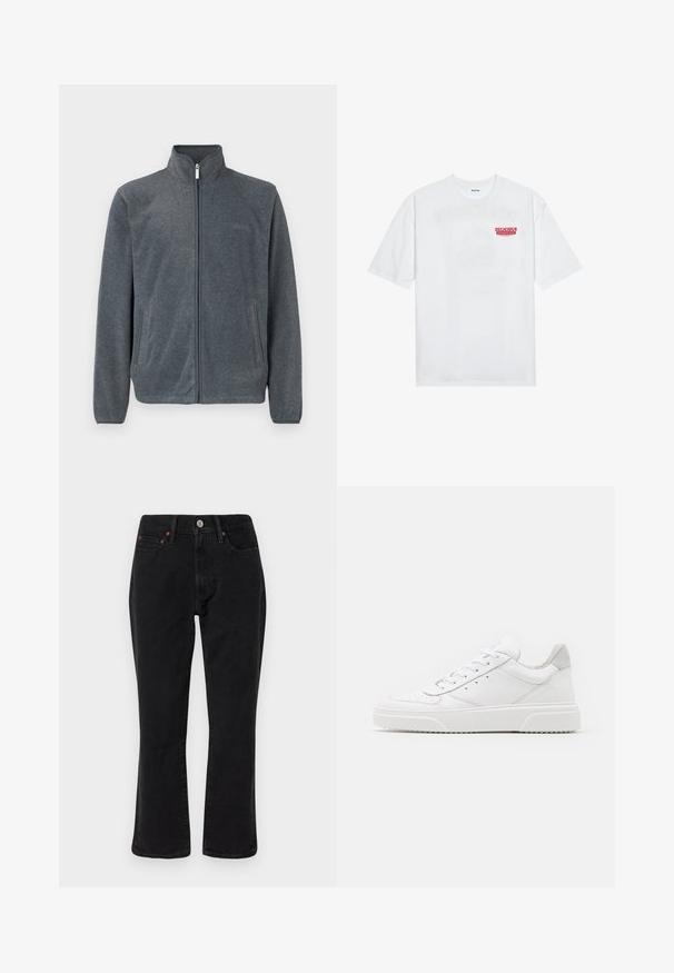 Pelēks vilnas džemperis ar augstu apkakli, pilnu priekšējo rāvējslēdzēju un sānu kabatām. Gluda tekstūra ar ikdienišķu dizainu un minimālu detalizāciju.; Balta kokvilnas T-kreklu ar īsām piedurknēm, apaļu kakla izgriezumu un sarkanu grafisku tekstu "GARDI ATSPIRDZINOŠI AUGĻI" priekšpusē.; Melnu denim džinsi ar taisnām kājām, piecu kabatu stilu un metāla detaļām ar varšos akcentiem. Gluda tekstūra un vidēja augstuma.; Baltie ādas sporta apavi ar gludu virsmu, noapaļotu purngalu, plakaniem šņorēm un reljefa zoli. Pelēks zamšādas akcenti pie papēža.