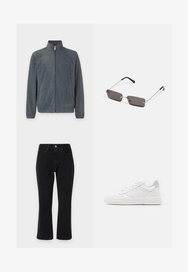 Gray fleece jacket with a high collar, full front zipper, and side pockets. Smooth texture with a casual design and minimal detailing.; White cotton t-shirt featuring short sleeves, crew neck, and a red graphic text "DELICIOUS REFRESHING FRUIT" on the front.; Black denim jeans featuring a straight leg design, five-pocket style, and metal hardware with copper accents. Smooth texture and medium rise.; White leather sneakers with a smooth finish, rounded toe, flat laces, and a textured sole. Grey suede accent at the heel.; Sunglasses with rectangular, dark grey lenses, silver metal frames, and black plastic tips on the arms. Lightweight design with nose pads.