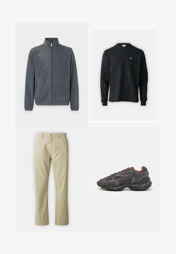 Šedá fleecová bunda s vysokým límcem, plným předním zipem a bočními kapsami. Hladká textura s ležérním designem a minimálním zdobením.; Černé dlouhé rukávy triko vyrobené z bavlny, s kulatým výstřihem a malým zeleným vyšitým logem krokodýla na levé hrudi.; Béžové bavlněné kalhoty s rovnými nohavicemi, předním zapínáním na knoflík a poutky na opasek. Hladká textura, žádné viditelné vzory či akcenty.; Sněrovací boty Lacoste v tmavě šedé barvě s síťovinou a syntetickým materiálem, prezentující texturovanou podrážku a hnědé detaily na límci a logu.