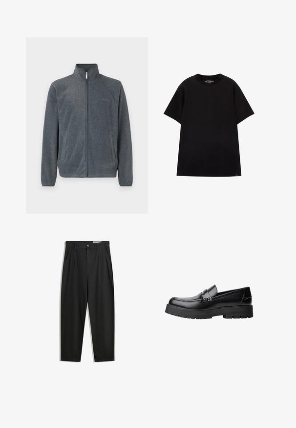 Grå fleecejacka med hög krage, full dragkedja fram och sidofickor. Slät textur med en avslappnad design och minimal dekor.; PULL&BEAR JOIN LIFE - T-shirt - bas - black; Svarta bomullsshorts med avslappnad passform, med en klassisk midja, framveck och sidfickor. Slät textur utan mönster.; Svart läderloafer med kraftig mönstrad sula och dekorativ rem över framtill, visad i vänster sidoprofil på vit bakgrund.