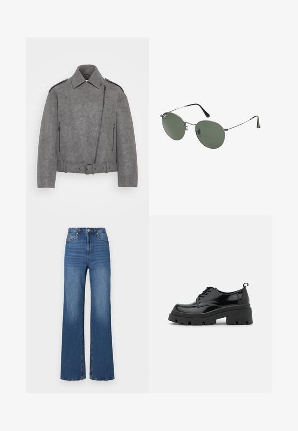 Grijze faux suède jas met een gestructureerde kraag, asymmetrische ritssluiting, zijrits zakken en een ceintuur in de taille. Accenten zijn onder andere schouderepauletten.; Twee mouwloze tops in zwart en wit, gemaakt van geribbelde katoen, met ronde halslijnen en een getailleerd ontwerp. Labels zichtbaar op beide.; Hoog-taille, wijde blauwe spijkerbroek van denim, met een klassieke vijf-pocketontwerp en subtiele vervaging langs de benen.; Zwarte gepatineerde leren schoenen met een chunky platformzool en dikke veters. Ronde neus, minimale details en een kleine hieltab aan de achterkant.; Metalen zonnebril met ovale groene lenzen. Dunne zilveren metalen rand en zwarte oorstoppers. Minimalistisch ontwerp, zonder zichtbare logo's.