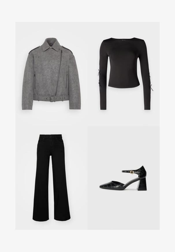 Šedá umělá surová bunda s konstruktovaným límcem, asymetrickým zipovým zapínáním, bočními zipovými kapsami a páskem v pase. Mezi akcenty jsou ramenní epauletky.; Černý dlouhý rukáv top s kulatým výstřihem. Má nastavitelné šňůrky na rukávech, vyrobený z hladké, elastické látky.; Černé široké kalhoty vyrobené z denimu, s pevným pasem, poutky na opasek a předními kapsami. Hladká textura s klasickým designem.; Černá laková kožená lodička na vysokém podpatku s špičatou špičkou, kotníkovým páskem a texturovaným krokodýlím vzorem. Design čtvercového bloku podpatku.