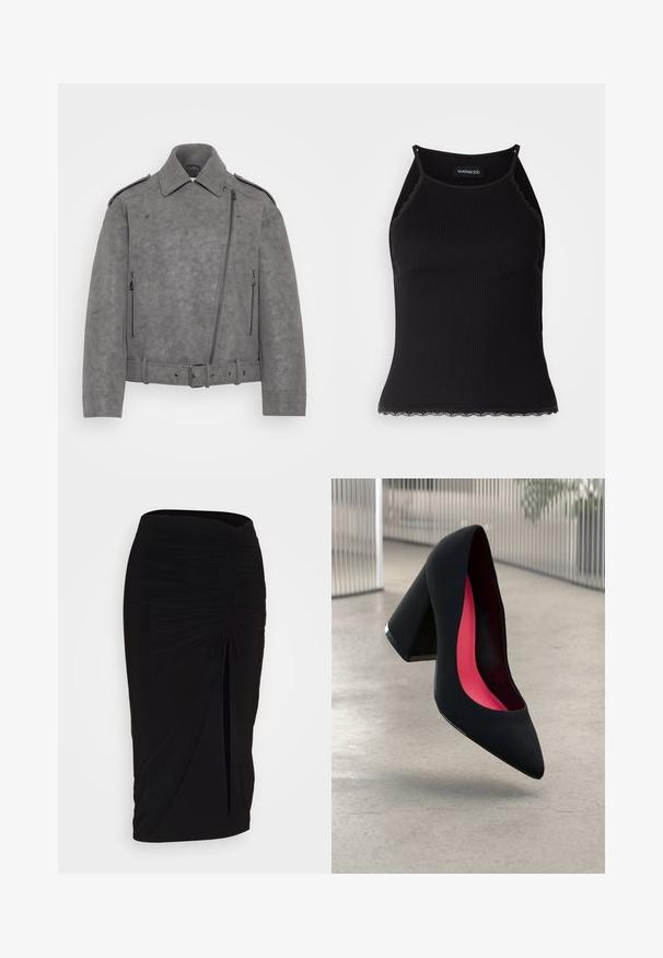 Halli halli tehisnaha jakk, millel on ülesehitatud krae, asümmeetriline tõmblukk, külgtaskud ja vöökoht. Aktsentidena on õlavarre epauletid.; Must mustriba top musta servadega äärega. Omab peeneid rihmu ja istuvat disaini. Valmistatud venivast kangast.; Mustast, rikutud pliiatsiseelik sidumisdetailiga ja küljes lahtise lõhenemisega. Valmistatud venivast kangast, millel on sile tekstuur ja keha lähedane lõige.; Mustad must kõrged kontsad, terava ninaga, tekstuurse pinnaga ning erksa roosa sisemusega. Omab paksu kontsa koos hõbedase aktsendiga.