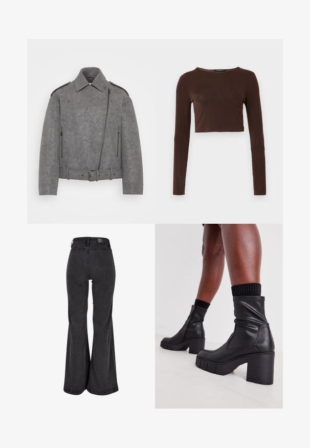 Grå faux suede jakke med struktureret krave, asymmetrisk lynlås, sidelommer med lynlås og bælte i taljen. Detaljer inkluderer skulderepauleter.; Brun langærmet cropped top lavet af glat materiale, med en rund halsudskæring og tætsiddende design. Ingen synlige mønstre eller accenter.; Sorte flared jeans med en glat tekstur, høj talje og et mærke på bagsiden. Har en vid bukseben design og forstærkede syninger.; Sorte læder ankelstøvler med et slouchy design, tykkelhøj hæl og tekstureret gummisål. Har en lynlås lukning på siden.