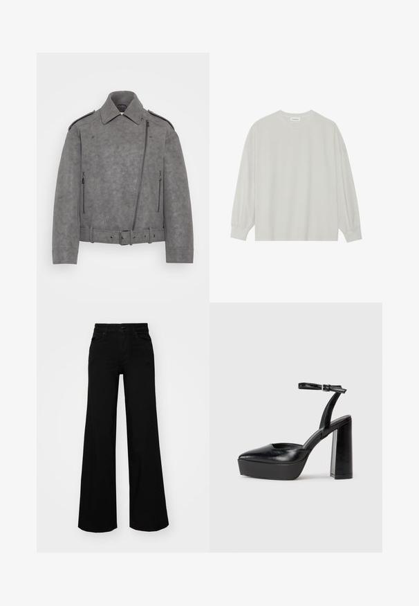 Grå faux mocka jacka med en strukturerad krage, asymmetrisk blixtlåsstängning, sidofickor med blixtlås och midja med bälte. Detaljer inkluderar axelremmar.; Ljusgrå långärmad t-shirt i mjuk bomull. Har en lös passform, rund halsringning och lätt rynkade ärmslut. Utan mönster eller grafik.; Svarta vida byxor i denim, med en strukturerad midja, bältesöglor och framfickor. Slät textur med en klassisk design.; Svarta plattformsskor med spetsig tå och justerbart vristband. Tillverkade av mjukt läder, med en kraftig blockklack.