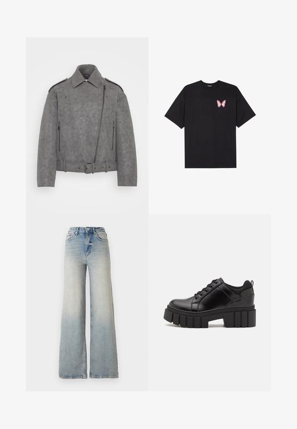 Gray faux suede jacket featuring a structured collar, asymmetrical zip closure, side zip pockets, and a belted waist. Accents include shoulder epaulettes.; Black cotton t-shirt with short sleeves, featuring a small pink butterfly graphic on the left chest. Crew neck design with a relaxed fit.; Light blue wide-leg jeans made of denim, featuring a high waist, five pockets, and visible stitching along the seams.; Black leather platform shoes with a chunky block heel, round toe, and traditional lace-up design. Features smooth texture and minimal detailing.