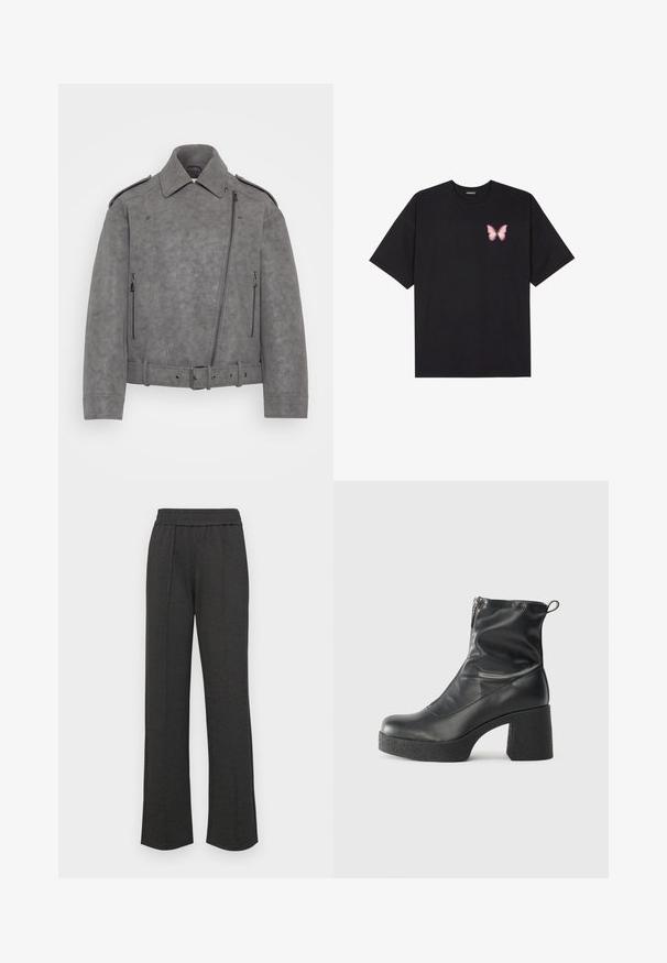 Grå faux suede jakke med struktureret krave, asymmetrisk lynlås, sidelommer med lynlås og bælte i taljen. Detaljer inkluderer skulderepauleter.; Sort bomulds T-shirt med korte ærmer, prydet med en lille pink sommerfugl grafik på venstre bryst. Rund hals design med en afslappet pasform.; Sorte lige bukser med elastisk talje, frontfolder, blødt stof og ingen synlige mønstre eller hardware-detaljer.; Sorte ankelstøvler lavet af glat læder, med en sidelukning, kraftig struktureret hæl og rundt tådesign.