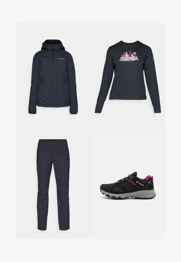 Tyrkysová prošívaná bunda s kapucí, která má plný přední zip a decentní logo detail na horní levé straně.; Tmavě šedá dlouhá košile s grafikou červených stromů a hor; logo "COLUMBIA" v tučném bílém písmu. Měkká tkanina, standardní kulatý výstřih.; Námořnické modré kalhoty vyrobené z hladké tkaniny, s předním zapínáním na knoflík, přiléhavým střihem a sklady v oblasti kolen.; Černá turistická obuv s texturovaným svrškem, šedou mezipodešví a gumovou podešví. Obsahuje růžové akcenty a reflexní tkaničky pro lepší viditelnost.