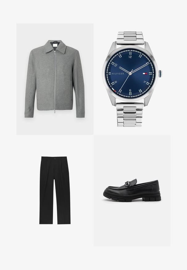 Szürke, hosszú ujjú gyapjú dzseki, elülső ezüst cipzárral és klasszikus gallérral, fehér háttér előtt bemutatva.; Nyolc darabból álló fekete pamut pólókészlet rövid ujjakkal és kerek nyakkal, sima kialakítással és puha felülettel.; Fekete nadrág egyenes szárú kialakítással, sima anyagból készült. Elöl redők és egy gombos záródás található a derékon.; Fekete bőr mokaszín, lekerekített orral, díszes pánttal és fém kiegészítővel, valamint vastag, texturált talppal. Simább felület, finom részletezéssel.; Ezüst színű fém óra kék, kefélt számlappal, fehér órijjelezőkkel és dátumkijelzővel. Fém, láncolt szíj és márkalogó jellemzi.