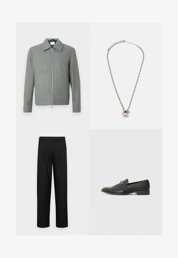 Gray long-sleeve wool jacket with front silver zipper and a classic collar, displayed on a white background.; Two black polo shirts, short-sleeved, cotton material, featuring a classic collar, two-button placket, and white striped accents inside the collar.; Black trousers made of smooth fabric, featuring a straight-leg design, two front pleats, and standard waistband with belt loops.; Black leather loafer with a smooth finish, featuring a stitched design and a decorative metal chain accent across the vamp. Flat heel.; Silver-toned metal necklace featuring a twisted chain design and a circular pendant with a polished finish.