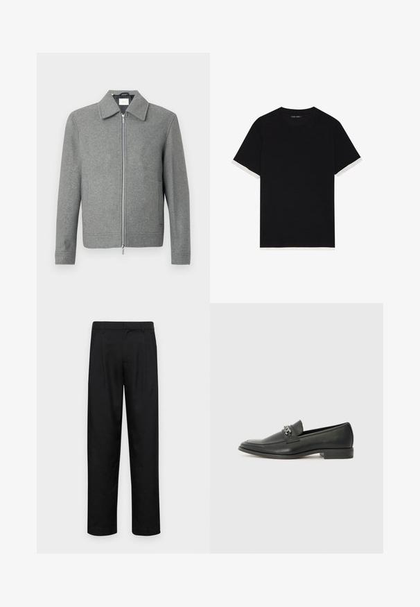 Gray long-sleeve wool jacket with front silver zipper and a classic collar, displayed on a white background.; Black short-sleeve t-shirt with a textured fabric, featuring white accents on the cuffs. Rounded neckline, relaxed fit.; Black trousers made of smooth fabric, featuring a straight-leg design, two front pleats, and standard waistband with belt loops.; Black leather loafer with a smooth finish, featuring a stitched design and a decorative metal chain accent across the vamp. Flat heel.