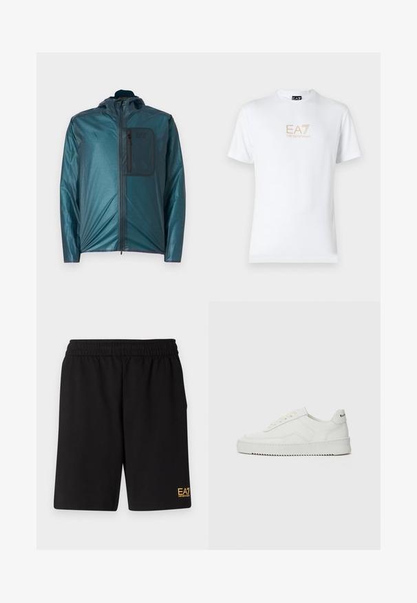Zelena lahka jakna s kapuco, sprednjim zadrgo in žepom na prsih; gladka tekstura in sproščen oblikovanje. Ima EA7 logo na žepu.; Bela bombažna majica s krožnim izrezom in kratkimi rokavi, s pozlačenim logotipom EA7 Emporio Armani natisnjenim spredaj.; Črne športne kratke hlače iz mehkega blaga, z elastičnim pasom in majhnim rumenim logotipom EA7 na spodnjem levem delu noge.; Bela usnjena športna obutev z gladko površino, okroglo prst, ravne vezalke in teksturiran podplat. Ima diskretno logo na peti.