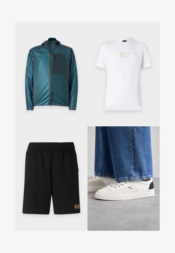 Zelena lahka jakna s kapuco, sprednjim zadrgo in žepom na prsih; gladka tekstura in sproščen oblikovanje. Ima EA7 logo na žepu.; Bela bombažna majica s krožnim izrezom in kratkimi rokavi, s pozlačenim logotipom EA7 Emporio Armani natisnjenim spredaj.; Črne športne kratke hlače iz mehkega blaga, z elastičnim pasom in majhnim rumenim logotipom EA7 na spodnjem levem delu noge.; Bela in črna športna obuvala z gladkim usnjenim zgornjim delom, teksturiranimi detajli in masivnim belim podplatom. Imajo klasičen dizajn z vezalkami.