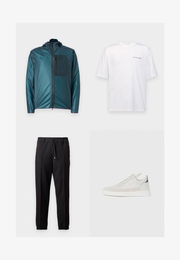 Mørkegrønn lett jakke med hette, frontglidelås og brystlomme; glatt tekstur og uformell design. Har EA7-logo på lommen.; Hvit kortermet t-skjorte i bomull med v-hals, med en svart "FILLING PIECES" logo trykt på venstre side.; Sorte bukser med liv, snor og elastiske mansjetter. Har plisséer og et glatt, teksturert stoff.; Hvite lær sneakers med grå semsket skinndetaljer, snøring, bånd for å dra opp, og en teksturert gummisåle med en sikksakk-mønster.