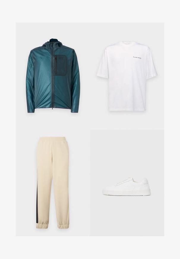 Teal lightweight jacket with a hood, front zipper, and a chest pocket; smooth texture and casual design. Features EA7 logo on the pocket.; White short-sleeve t-shirt in cotton with a v-neck, featuring a black "FILLING PIECES" logo printed on the left side.; Cream-colored sweatpants with black side stripes, elastic waistband, and ribbed cuffs. Soft fabric with a relaxed fit.; White sneaker with a smooth leather upper, rounded toe, laces, textured side accents, and a thick rubber sole. Minimalist design.