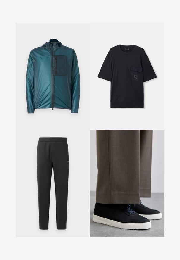 Teal lightweight jacket with a hood, front zipper, and a chest pocket; smooth texture and casual design. Features EA7 logo on the pocket.; Black short-sleeve crew neck T-shirt with a flap pocket on the left chest featuring a small rectangular logo patch.; Black jogger pants made of soft fabric, featuring an elastic waistband, straight legs, and a single small logo detail on the side.; Black suede sneakers with white rubber soles, featuring a rounded toe and laces, worn with gray tailored pants.