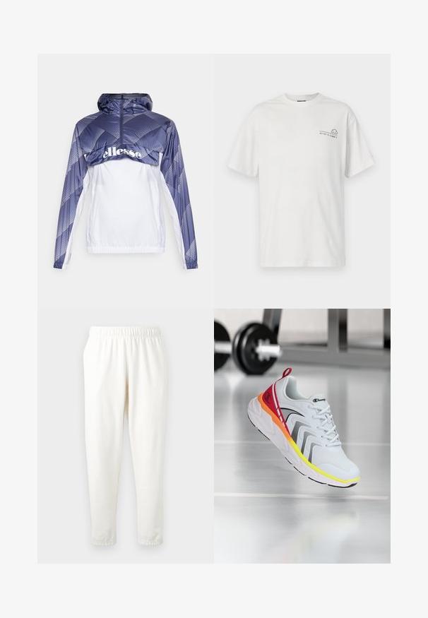 Chaqueta cortaviento azul y blanca con capucha, que presenta patrones geométricos y un cierre frontal. Incluye dobladillo y puños elásticos.; Camiseta de algodón blanco con mangas cortas, cuello redondo y un diseño impreso que presenta coordenadas en el lado izquierdo del pecho y un elemento gráfico.; Pantalones de chándal de color crema con cintura elástica y piernas cónicas, confeccionados en un material suave. Presentan una textura lisa y sin patrones o acentos visibles.; Zapatilla deportiva blanca con parte superior de malla, acentos coloridos en rojo, naranja y amarillo, que presenta una suela texturizada y detalles en negro.