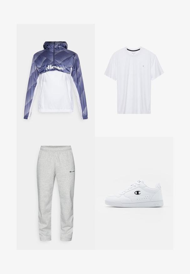 Veste coupe-vent bleue et blanche avec capuche, arborant des motifs géométriques et une fermeture éclair sur le devant. Comprend un ourlet et des poignets élastiques.; T-shirt blanc à col rond en coton, avec des manches courtes et un petit logo brodé sur la partie gauche de la poitrine. Texture douce.; Pantalon de jogging gris en mélange de coton, avec une taille élastique et un petit logo brodé en marine sur la jambe gauche.; Baskets de sport blanches avec une tige synthétique lisse, accent logo noir et détails perforés sur le côté. Semelle en caoutchouc.