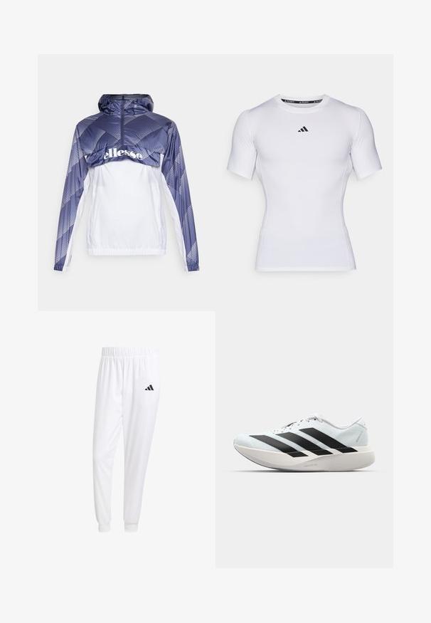 Blå och vit vindjacka med huva, med geometriska mönster och dragkedja framtill. Inkluderar elastisk nederkant och ärmslut.; Vit kortärmad skjorta i tekniskt tyg med rund hals och en svart logotyp på bröstet. Slät textur och figurformad design.; Vita atletiska byxor gjorda av slät tyg, med resårmidja och åtsittande manschetter, samt en svart logotyp på bakfickan.; Lätta löparskor i ljusblått med svarta ränder. Har en slät ovandel, rund tå och tjock vit mellansula märkt "LIGHTSTRIKE PRO."