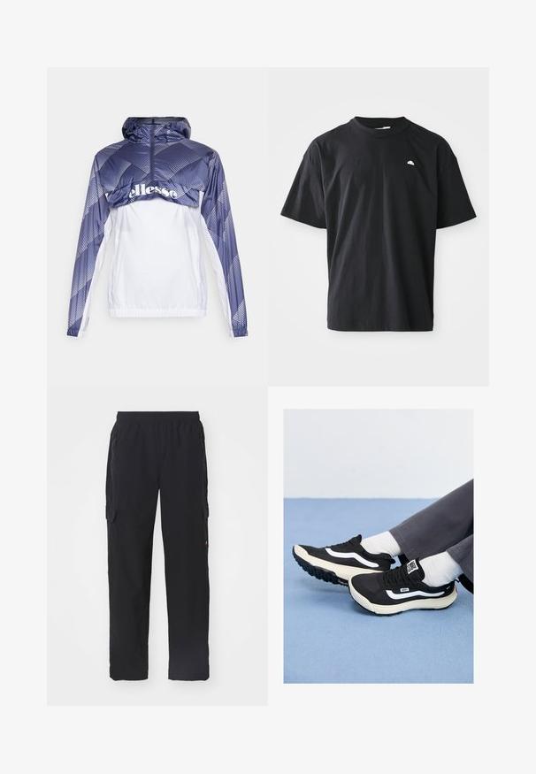 Blue and white windbreaker jacket with a hood, featuring geometric patterns and a front zip. Includes elastic hem and cuffs.; Black cotton t-shirt with a relaxed fit, short sleeves, crew neck, and a small white logo accent on the chest. Smooth texture.; Black cargo pants made of smooth fabric with an elastic waistband. Features side pockets and cargo pockets on thighs for storage.; Black sneakers with white accents, mesh and rubber materials, featuring a textured sole and heel tab. Worn with white socks and gray pants.