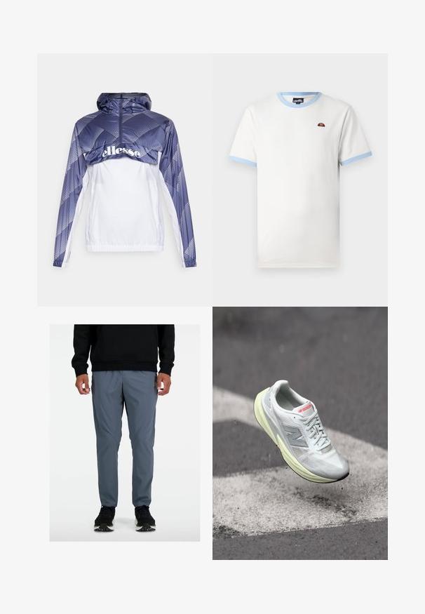 Modrá a bílá větruodolná bunda s kapucí, která má geometrické vzory a přední zip. Obsahuje elastický lem a manžety.; Bílé bavlněné tričko s světle modrým žebrovaným límcem a okraji rukávů. Na hrudi je malé červené a oranžové logo. Klasický střih.; Šedé sportovní kalhoty s tapered střihem, vyrobené z lehkého materiálu, s postranními švy, nošené s černými sportovními botami.; Lehká běžecká obuv s bílým síťovým svrškem, žlutou mezipodešví a šedými akcenty. Disponuje výrazným logem ‚N‘ a texturovaným povrchem.