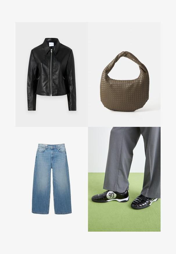 Samsøe Samsøe SASHILOH czarny; Czarnobiała, w paski, długa bluzka z długim rękawem i okrągłym dekoltem. Miękki materiał, luźny krój oraz kontrastowe akcenty przy dekolcie.; Jasnoniebieskie dżinsy o szerokich nogawkach, wykonane z denimu, charakteryzujące się klasycznym pięciopocketowym fasonem i zapięciem na guzik. Przez cały materiał widoczny jest efekt wypłowienia.; Czarne sneakersy z lakierowanej skóry z srebrnym akcentem "90", o teksturowanej powierzchni i sznurowanym zapięciem, zestawione z szerokimi szarymi spodniami.; Woven oliwkowa torebka o zaokrąglonym kształcie i skręconym uchwycie. Teksturowana powierzchnia zdobiona jest diagonalnym wzorem. Zamek błyskawiczny.