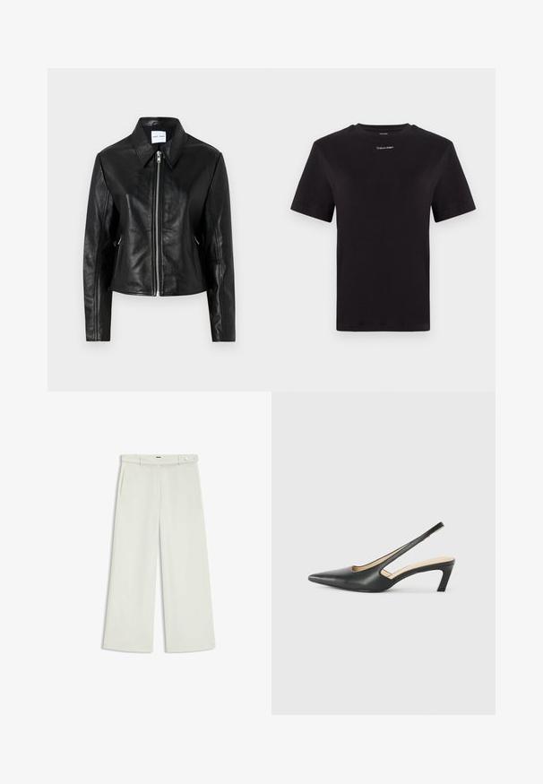 Samsøe Samsøe SASHILOH - Lederjacke - black; Schwarzes Baumwoll-T-Shirt mit kurzen Ärmeln, Rundhalsausschnitt und kleinem weißen "Calvin Klein"-Logo auf der Brust. Glatte Textur, klassischer Schnitt.; Weite Hose aus zartem Creme-Stoff, mit seitlichen Taschen, flatem Bund und einer Knopfverschluss an der Taille. Glatte Textur.; Schwarzer spitz zulaufender Slingback-Schuh mit niedrigem Absatz, der aus glattem Leder gefertigt ist und seitliche Ausschnitte für Atmungsaktivität aufweist.