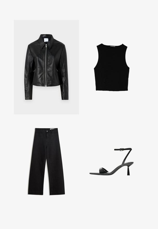 Samsøe Samsøe SASHILOH - Usnjena jakna - black; Črn brez rokavov crop top, izdelan iz gladkega materiala, z okroglim izrezom in čistim, preprostim dizajnom brez vzorcev ali dodatkov.; Črne široke denim hlače z visokim pasom, ki imajo sprednje in zadnje žepe, šivane šive ter gumbasto zapiranje. Gladka tekstura.; Bershka Sandali z visoko peto - black