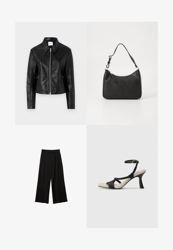 Samsøe Samsøe SASHILOH - Leren jas - black; Zwart T-shirt met korte mouwen, gemaakt van zachte katoen, met een ronde hals, een ontspannen pasvorm en een gladde textuur. Geen zichtbare patronen of opdrukken.; Zwarte wijde broek met hoge taille, voorzien van plooien, een gladde textuur en zonder zichtbare zakken of versieringen.; Zwarte hoge hak sandaal met een gevlochten bandontwerp, vierkante teen en verstelbare enkelband. Lichtbeige voetbed met een glanzende zwarte hak.; Zwarte leren handtas met een gebogen vorm, een enkele schouderband, ritsluiting en subtiele branding aan de voorkant. Glad textuur, minimalistisch ontwerp.