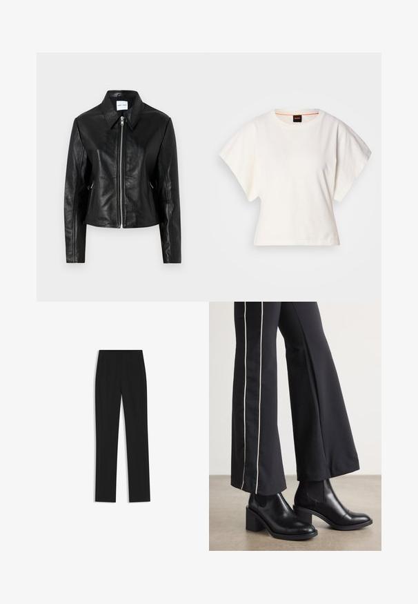Samsøe Samsøe SASHILOH - Nahkatakki - black; Valkoinen lyhythihainen t-paita, leveät lyhyet hihat, pehmeää puuvillamateriaalia, pyöreä pääntie jossa hienovarainen oranssi reunus, minimaalinen muotoilu, ei kuvioita tai graafisia elementtejä.; Mustat räätälöidyt housut suoran lahkeen designilla, joissa on etutaskut ja sileä, teksturoitu kangas. Siistit, minimalistiset yksityiskohdat.; Mustat nahkasaappaat nilkkapituisilla, lohkareella, joissa on joustavat sivupaneelit. Yhdistetty mustiin housuihin, joissa on valkoinen sivuraita.