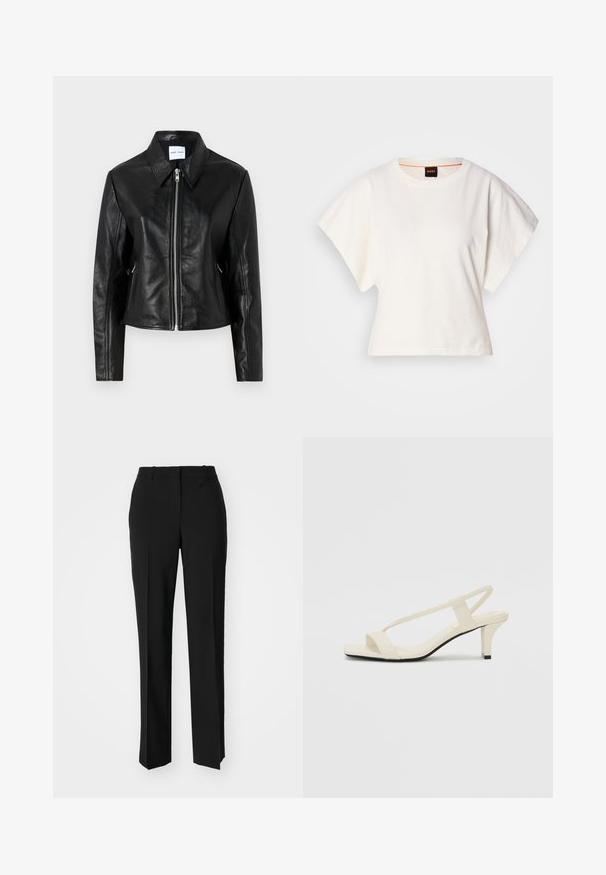 Samsøe Samsøe SASHILOH - Leather jacket - black; White cropped T-shirt, short wide sleeves, soft cotton material, round neckline with subtle orange trim, minimal design, no patterns or graphics.; Black tailored trousers with a straight-leg design, featuring a smooth texture and crisp creases along the front. No visible hardware.; Beige block-heeled sandals with thin straps and a square toe. Smooth material with minimal detailing, designed for easy wear.
