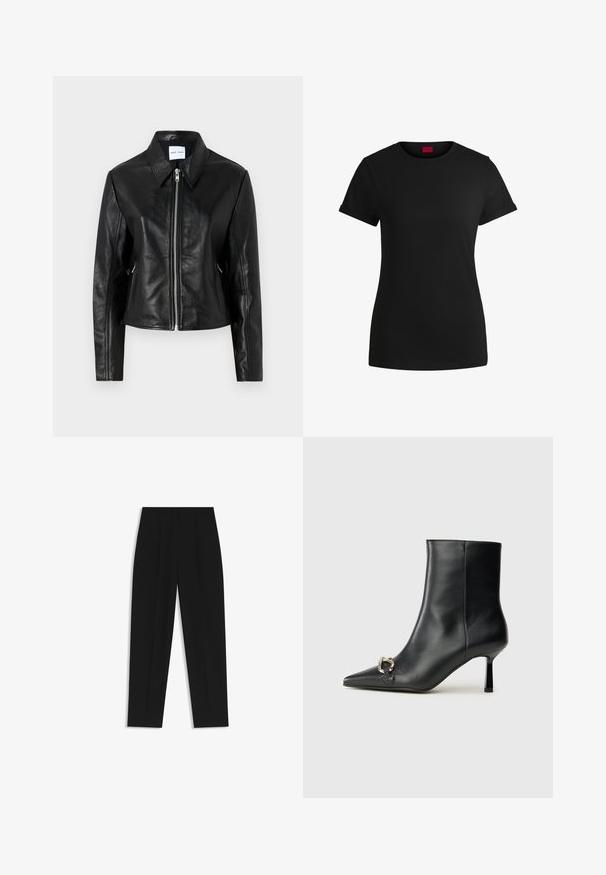 Samsøe Samsøe SASHILOH - Nahkatakki - black; Mustapaita, jossa on lyhyet käärityt hihat, pyöreä kaula-aukko ja punainen etiketti. Sileä pinta, istuva muoto ja minimaalinen yksityiskohtaisuus.; Mustat housut suoran istuvuuden kanssa, joissa on kaksinkertaiset laskokset, sileä pinta ja klassinen vyötärönauhan muotoilu. Ei näkyviä metalliosia tai koristeita.; Musta nahkasaapas nilkkapituisilla, terävillä kärjillä, hoikalla keskipituisella korolla ja hopeavöillä sivussa yksinkertaista taustaa vasten.