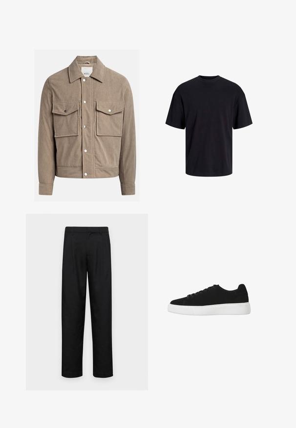Kanvasjacka i tan med knappstängning fram, två bröstfickor och ribbad textur. Har metallknappar med tryckknapp och krage.; Svart bomullströja med rundad halsringning, korta ärmar och avslappnad passform. Slät textur utan synliga mönster eller detaljer.; Svarta byxor i slät väv, med rak ben-design, två framfickor och standardmidja med bälteshällor.; Svart mockaskor med rund tå, snörning fram och vit gummisula. Enkelt design med minimala accenter och mjuk textur.