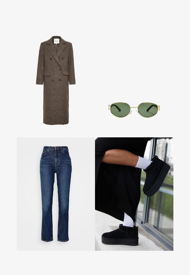 My Essential Wardrobe FRANNIE - Klassisk kappa / rock - seal brown melange; Intimissimi ULTRALIGHT - Långärmad tröja - black; Mörkblå jeans av denim med hög midja, rak bendesign, traditionell knapplåsning och dragkedja, samt subtil blekning på tyget.; Svarta mockaankelboots med platt sula, försedda med en dragtabbak, som bärs med vita ankelsockor mot en minimalistisk bakgrund.; Guldmetallramade solglasögon med gröna tonade linser, oval form, svarta skalmar och klara näsaskar. Rent, minimalistiskt design.