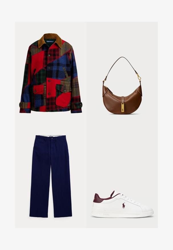 Jachetă patchwork cu un amestec de țesături roșii, albastre, verzi și maro. Guler din catifea deanotată, închidere cu nasturi și două buzunare frontale. Model texturat.; Cămașă polo albastru închis, fabricată dintr-un material tricotat, cu un model de cablu, guler cu două butoane și un mic emblema roșie pe pieptul stâng.; Pantaloni drept de culoare bleumarin, cu bucle pentru curea, închidere cu nasture și buzunare laterale, pe un fundal deschis simplu.; Adidași din piele albă cu accente burgundii, vârf rotund, logo embosat și șireturi plate. Talpă texturată și detalii cu finisaj neted.; Geantă de umăr din piele maro cu o formă curbată, accesorii din aur, detaliu cu clip superior și un accent cu logo. Textură netedă cu margini cusute.