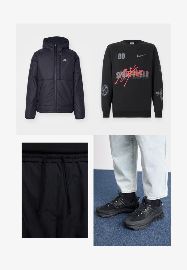 Chaqueta acolchada negra de Nike con cremallera frontal y capucha. Presenta un logo blanco en el lado izquierdo del pecho y dos bolsillos frontales. Textura exterior suave.; Sudadera negra hecha de tela suave, con varios estampados gráficos en gris y rojo, incluidos textos y logotipos. Cuello redondo y mangas largas.; Pantalones cortos negros con cinturilla ajustable, tejido ligero con una textura suave y un diseño sencillo sin logotipos visibles ni patrones.; Zapatillas deportivas negras con tejido texturizado y suelas de goma, con cordones elásticos y un acento azul en el talón. Combinadas con pantalones de mezclilla claros.