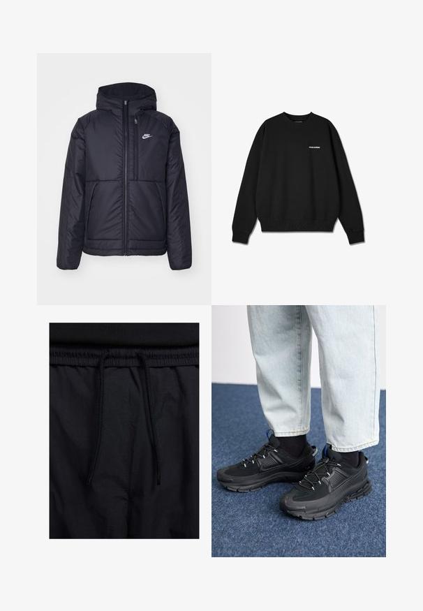 Juodas, paminkštintas Nike džemperis su priekyje užtrauktuku ir gobtuvu. Pasižymi balta logo kairėje krūtinės pusėje ir dviem priekinėmis kišenėmis. Su lygiu išoriniu paviršiumi.; Juodas džemperis, pagamintas iš medvilnės ir sintetinės medžiagos mišinys, turintis apvalią iškirptę, supjaustytas rankogalius ir apatines kraštines, su balta "PEGADOR" logotipu ant krūtinės.; Juodos šortai su raišteliu juosmens srityje, lengva medžiaga su lygiu paviršiumi ir paprastas dizainas be matomų logotipų ar raštų.; Juodi sportiniai bateliai su tekstūruota medžiaga ir guminiais padais, su elastingomis raišteliais ir mėlynu akcentu ant kulno. Dėvimi su šviesiai mėlynomis džinsinėmis kelnėmis.