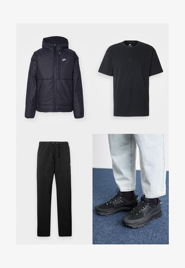Melna, pufota Nike jaka ar priekšējo rāvējslēdzēju un kapuci. Iezīmēta ar baltu logotipu uz kreisās krūtis un divām priekšējām kabatām. Gluda ārējā tekstūra.; Nike melns kokvilnas T-krekls ar klasisku piegriezumu, īsām piedurknēm un smalku, reljefu logotipu uz krūškurvja. Gluda tekstūra.; Melnas sporta bikses, izgatavotas no flīsa, ar elastīgu jostasviedi un auklām, diviem priekšējiem kabatām un nelielu logo uz augšstilba.; Melni sporta apavi ar strukturētu audumu un gumijas zoli, ar elastīgām auklām un zilu akcentu uz papēža. Nēsāti ar gaišām džinsu biksēm.