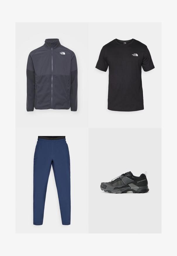 The North Face M GLACIER HEAVYWEIGHT FULL ZIP - Fliisjakk - asphalt grey; Must have lühikeste varrukatega must T-särk, mis on valmistatud puuvillast, ümmarguse kaelusega ja väikese valge logoga vasakus ülanurgas.; Tumed sinine spordipüksid, mis on valmistatud kergest materjalist. Omavad musta elastset vööd ja kitsenevat jalgade disaini, millel on minimaalsed õmblusdetailid.; Musta matkajooksuking, millel on vastupidav sissetõmmatav mesh-ülemine osa, tugevdatud varbavarras, tekstureeritud kummitald ja elastne sidumisüsteem kindla sobivuse tagamiseks.