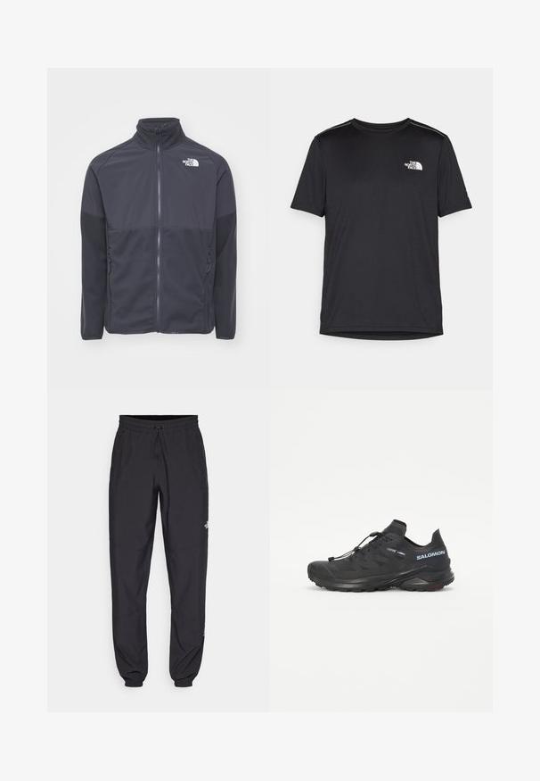 The North Face M GLACIER HEAVYWEIGHT FULL ZIP - Fleecejacka - asphalt grey; Svart kortärmad T-shirt i lättviktig tyg. Har en liten vit logotyp på vänster bröst och subtila axeltoner.; Svarta träningsbyxor tillverkade av lättviktsmaterial, med dragsko i midjan, sidofickor och avsmalnande muddar vid anklarna.; Svart terränglöparskor med en texturerad överdel, elastiska snören och Contagrip-sula. Har en snug passform och skyddande tåkappa.