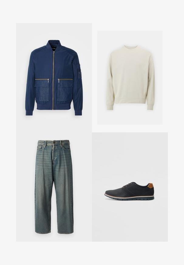 Navy bomber jacket featuring a zip front, denim accents on two front pockets, and a mesh pocket on the left sleeve. Textured fabric.; Light beige sweatshirt made of soft fabric with a crew neck, long sleeves, and ribbed cuffs and hem. Minimalist design, no visible patterns.; Light blue denim jeans with a loose fit, mid-rise waist, and straight legs. Features five pockets, belt loops, and a button closure.; Black synthetic shoes with a textured upper, smooth accents, brown heel, and a contrasting sole. Features minimal lacing and stitch details.