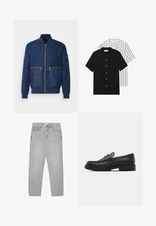 Marine bomberjakke med glidelås foran, denimdetaljer på to frontlommer og en meshlomme på venstre erm. Teksturert stoff.; To korte ermer skjorter: en i ensfarget svart, en hvit med svarte vertikale striper. Begge har knappelukkinger og klassisk krage.; Lys grå denimbukser med rett ben-design, fem lommer og knappelukking. Synlig søm langs sømmene.; Sorte lærloafere med rund tå, med en syddesign, lav plattformsåle og en teksturert, ruggede gummisåle.