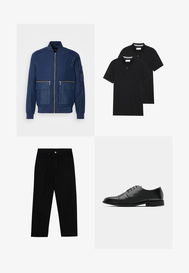 Casaco bombardeiro azul-marinho com fecho éclair na frente, detalhes em denim em dois bolsos frontais e um bolso em malha na manga esquerda. Tecido texturizado.; Duas camisetas polo pretas, de manga curta, em material de algodão, com colarinho clássico, abertura com dois botões e detalhes em riscas brancas no interior do colarinho.; Calças de ganga pretas com corte straight-leg, design de cinco bolsos e fecho frontal por botão. Tecido suave com detalhes de costura mínimos.; Sapatilha de pele preta com biqueira arredondada, design de atacadores, detalhes de costura sutis e um salto baixo. Textura suave com acabamento polido.