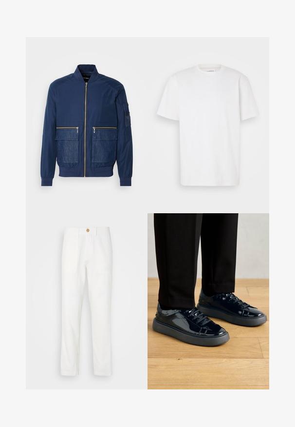 Granatowa kurtka bomberka z zamkiem z przodu, akcentami dżinsowymi na dwóch przednich kieszeniach oraz siatkową kieszenią na lewym rękawie. Teksturowany materiał.; Biała koszulka z krótkim rękawem wykonana z bawełny, z okrągłym dekoltem i prostym, prostym krojem, bez wzorów czy akcentów.; Białe materiałowe spodnie o prostym kroju, z dwoma przednimi kieszeniami i zapięciem na guzik. Gładka faktura i schludny design.; Czarne sneakersy z lakierowanej skóry z teksturowaną gumową podeszwą, okrągłym noskiem i pasującymi czarnymi sznurówkami, zestawione z czarnymi spodniami na drewnianej podłodze.